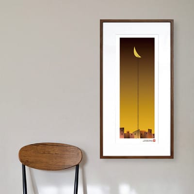 ＼注目の和紙アート/ 【絵画】街と月(オレンジ)額装サイズ300mmx600mm　阿波紙