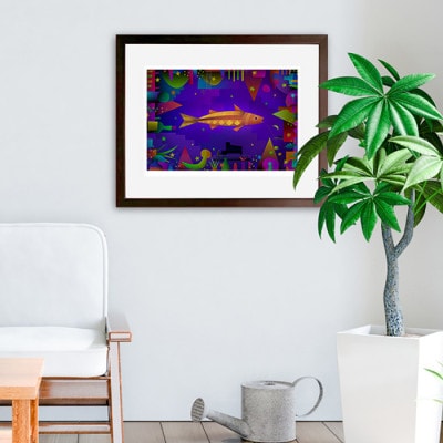 ＼京都・綾部の癒やし系作家/【絵画】　魚と夜　　額装サイズ526mmx412mm