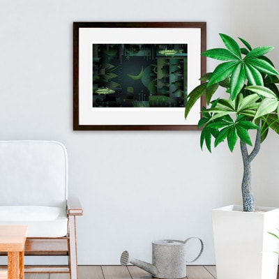 ＼京都・綾部の癒やし系作家/【絵画】　月と魚とピアノ弾き　　額装サイズ526mmx412mm