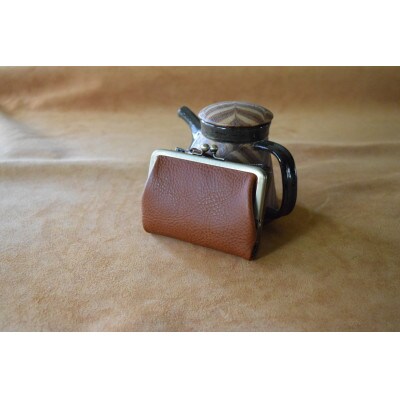 がまぐち二つ折り財布 コニャック×オリーバ 高級イタリアンレザー