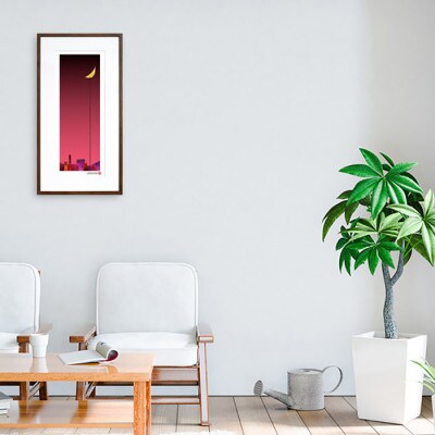 ＼注目の和紙アート/ 【絵画】街と月(赤)額装サイズ300mmx600mm　阿波紙