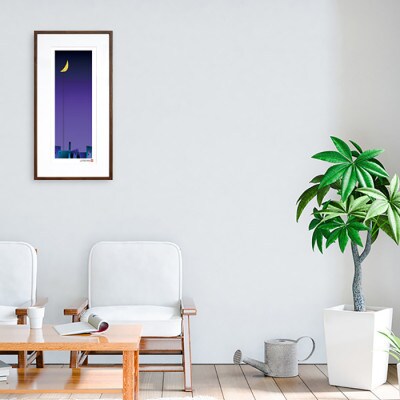 ＼注目の和紙アート/ 街と月(紫)額装サイズ300mmx600mm　阿波紙