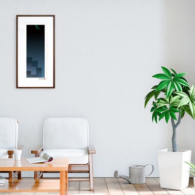 ＼注目の和紙アート/ 【絵画】群青の街と月　額装サイズ300mmx600mm　阿波紙