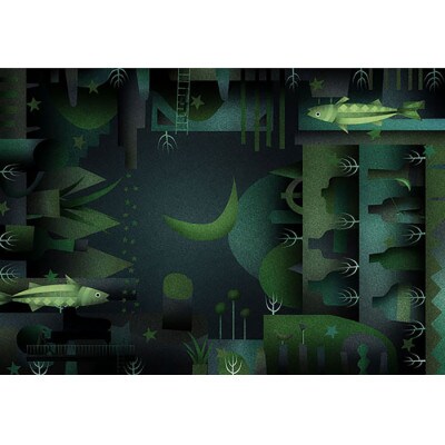 ＼京都・綾部の癒やし系作家/【絵画】　月と魚とピアノ弾き　　額装サイズ526mmx412mm