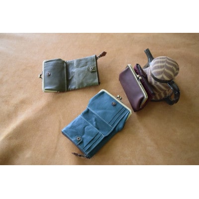 がまぐち二つ折り財布 コニャック×オリーバ 高級イタリアンレザー