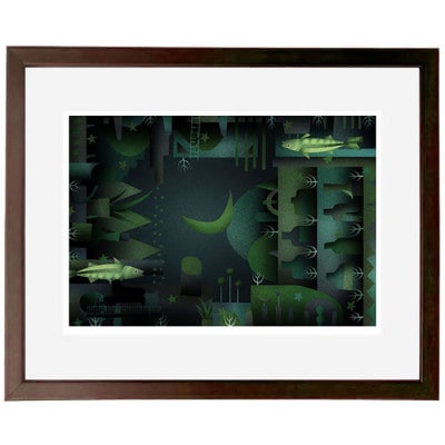 ＼京都・綾部の癒やし系作家/【絵画】　月と魚とピアノ弾き　　額装サイズ526mmx412mm