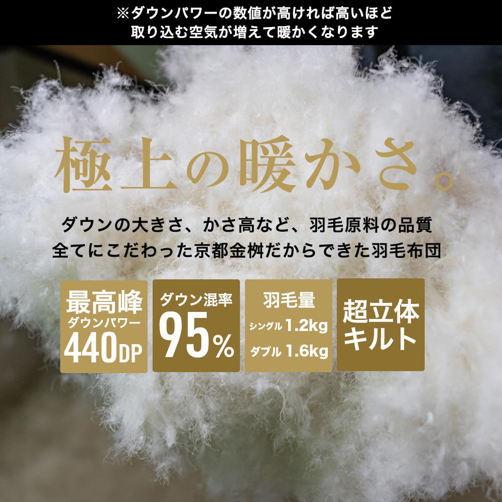 京都金桝 羽毛布団 掛け布団 『ダブル』カナダコロニアルホワイトダウン95％ 厚さ2倍 超立体キルト 国内再洗浄◇ 無地 超暖 最高峰DP440 日本製 国産 京都亀岡産 本掛け 掛け布団 掛布団 羽毛ふとん 新生活 プレミア
