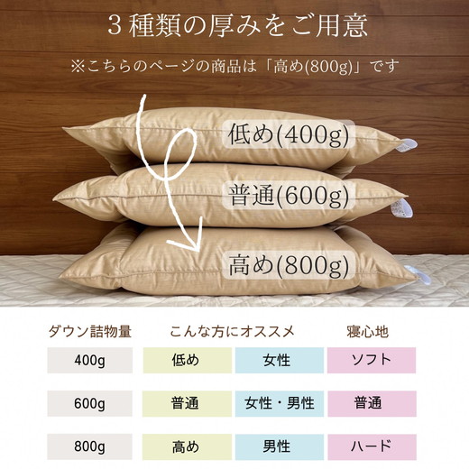 ＜京都金桝＞快適睡眠グッズ 「ダウンの枕」 800g （高さ高めのハードな寝心地） ｜ 枕 羽毛枕 肩こり 首こり