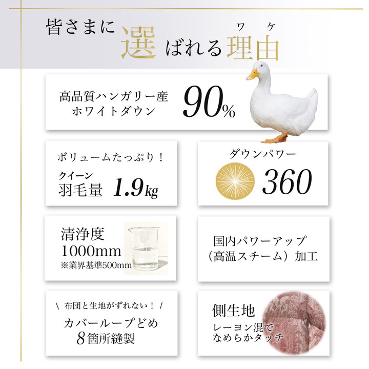 【ピンク】＜京都金桝＞軽くて暖か 羽毛布団 本掛け ハンガリーホワイトダウン90％ クイーン 1.9kg DP360 立体キルト≪人気 日本製 京都亀岡産 掛け布団 ≫アクア