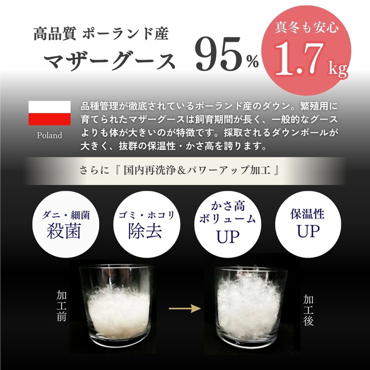 ＜京都金桝＞羽毛布団 ダブル ポーランド産マザーホワイトグースダウン95％ 1.7kg 日本製 冬用 布団 DP420 京都亀岡産 ロワーレ
