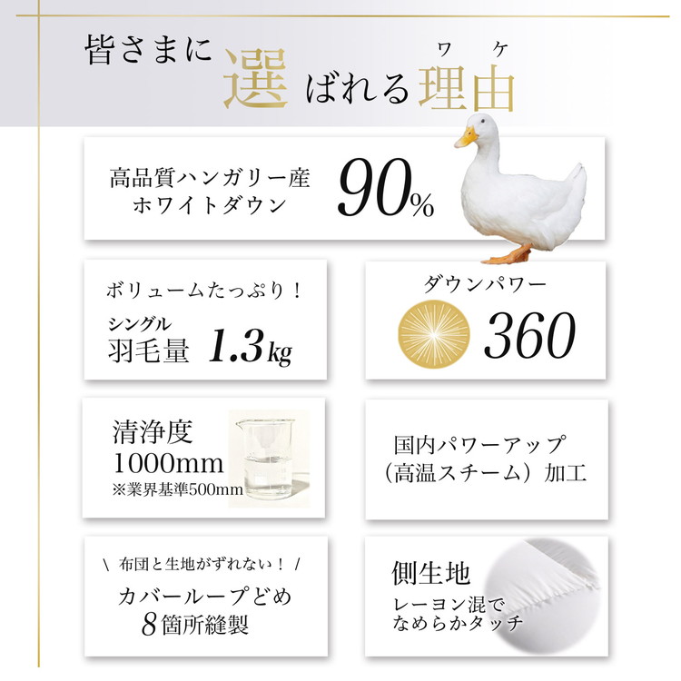 【アンバーホワイト】軽くて暖か 京都金桝 羽毛布団 本掛け シングル ハンガリーホワイトダウン90％ DP360 日本製 京都亀岡産 ｜ 冬用 掛け布団 掛布団 ｜ アクア
