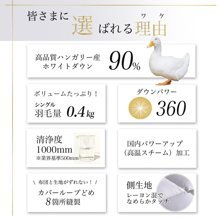 京都金桝 軽くて暖か 肌掛け 羽毛布団 シングルサイズ×1枚 ハンガリーホワイトダウン90％ DP360 シンプル アクア