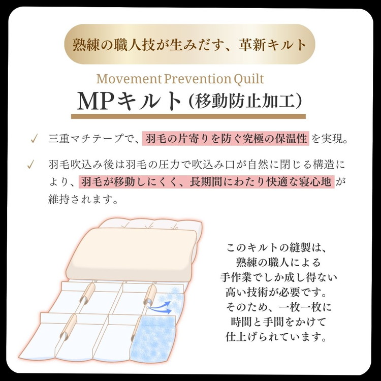＜京都金桝＞高級 羽毛布団 合掛け クイーン 綿100％ MPキルト(移動防止) ポーランドホワイトマザーグースダウン95％ 1.2kg「ホワイト・コウダ®」エモシオン《羽毛ふとん 掛け布団 春 秋 冬 暖か 無地》