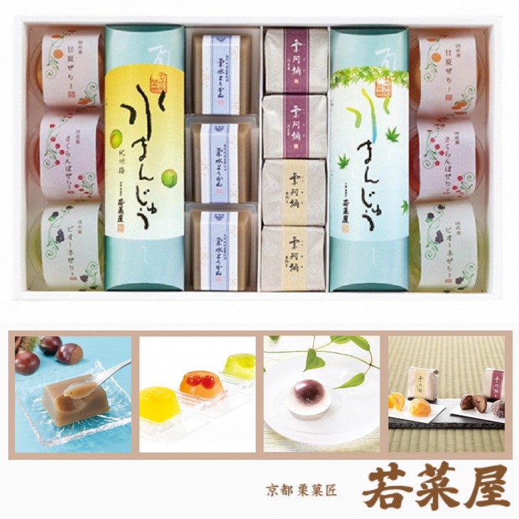 ＜京都栗菓匠 若菜屋＞期間限定 涼菓詰合せ 4号 【国産菓ぜりー 水まんじゅう 栗水ようかん 栗阿彌】《夏 贈答 甘夏 さくらんぼ ピオーネ 紀州梅 ようかん 渋皮栗 栗納豆》◇