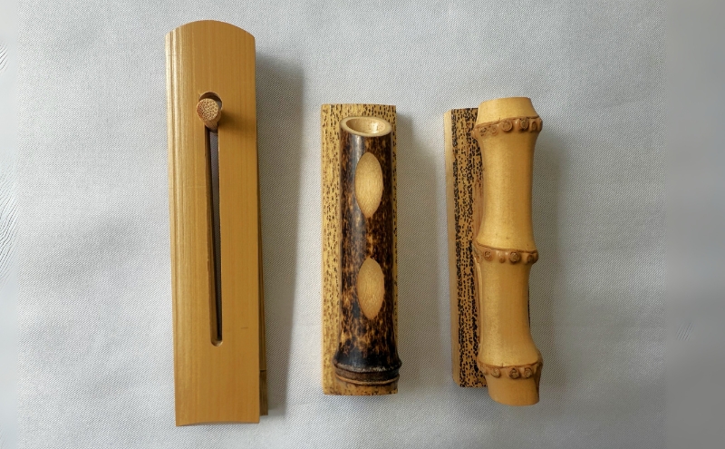 墨バサミ (大) 竹製 1点＋筆置き (黒竹斜め・竹根胡麻・竹根煤/いずれか2点）合計3点セット 工芸品 雑貨 日用品 文房具 書道用品 墨用のホルダー セット