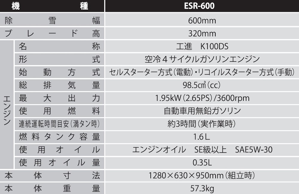エンジン式除雪機 ESR-600 一般家庭・個人事業者様向け 簡単、らくらく除雪作業！押すタイプのエンジン式除雪機 [0500]