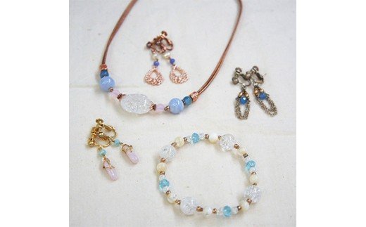 彩りハンドメイド 天然石アクセサリー よくばり5点 (イヤリング3点、ブレスレット、ネックレス)セット [0066]