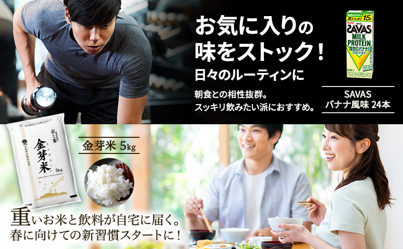 ザバス バナナ × 金芽米 5kg 米 プロテイン バナナ風味 24本 セット 明治 meiji 飲料 無洗米 京都 お米 お得 ダイエット 低糖質 筋トレ タンパク質 健康 低カロリー 糖質オフ 高タンパク 脂肪0 期間限定 常温 京田辺市