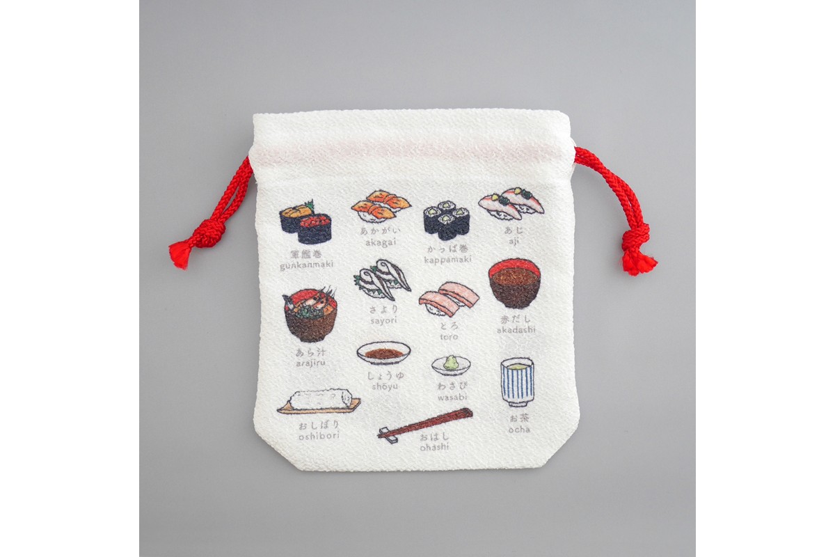 丹後ちりめん　にほんご巾着「sushi（寿司）」 サイズ：約13.5cm×17.5cm　DZ00029-01