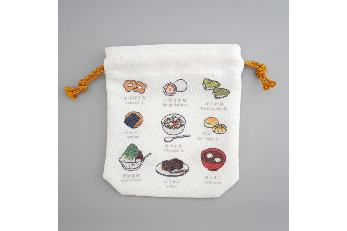 丹後ちりめん　にほんご巾着「wagashi（和菓子）」 サイズ：約13.5cm×17.5cm　DZ00029-04