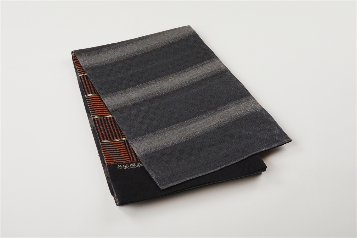 丹後の藤布　京袋帯「市松間藤文」　朱　FY00075