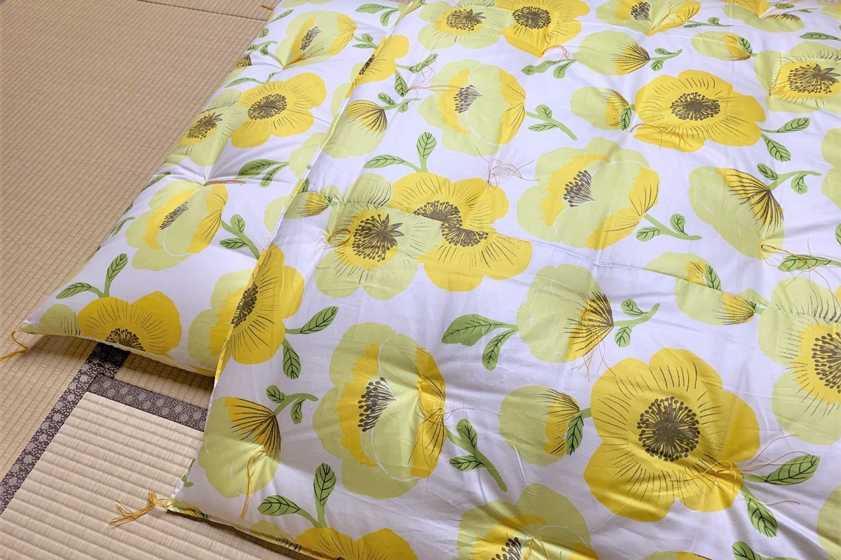 天然繊維手作り　木綿わた入り掛ふとん（ポピー柄「ブルー」）　HT00095