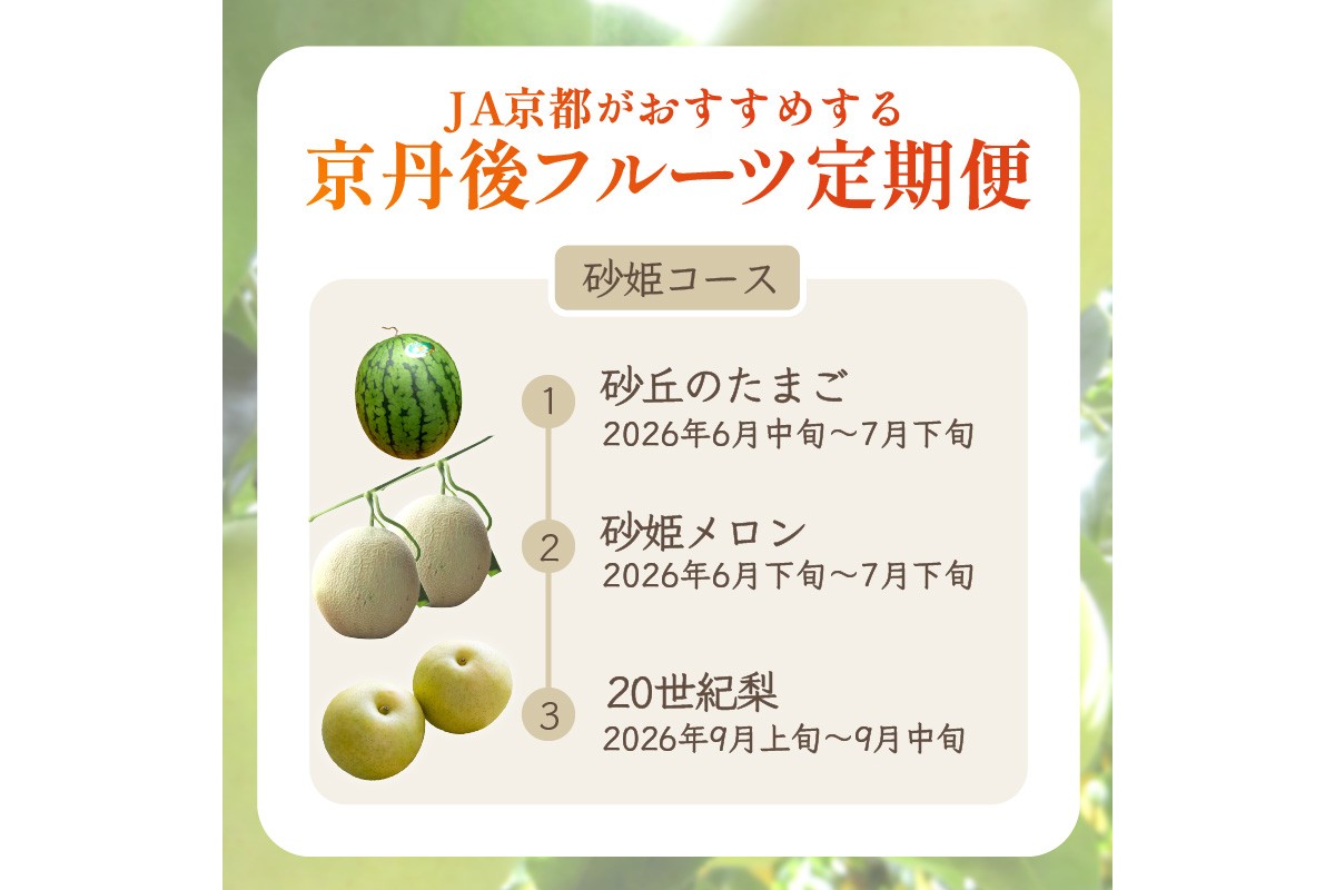 JA京都がおすすめする京丹後フルーツ定期便～砂姫コース～（2026年6月中旬～発送） 京のブランド産品 メロン めろん 梨 なし ナシ スイカ 西瓜 すいか 国産 砂丘 甘い 高糖度 高級 期間限定 ふるさと納税 フルーツ 先行予約 お取り寄せ 農協　JK00041