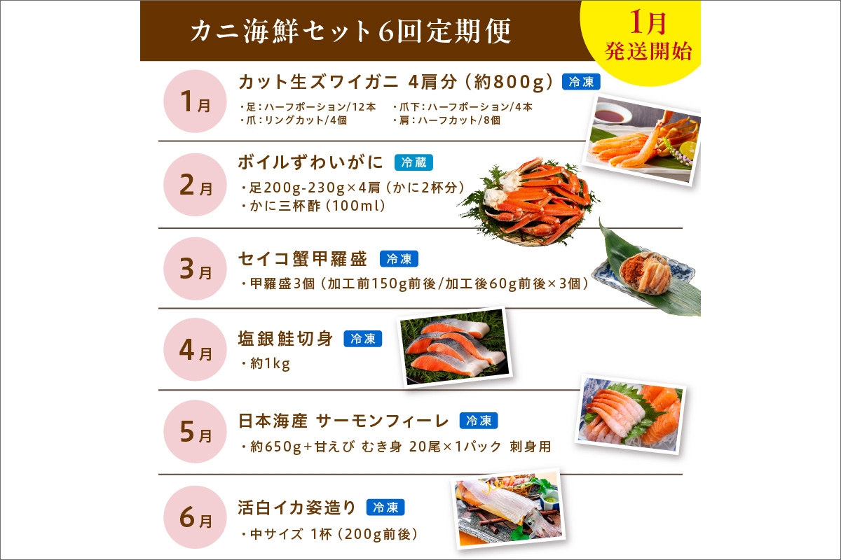 【定期便6回／1月発送】店主厳選！おすすめカニ・海鮮セット（カット生ズワイガニ4肩・ボイルズワイガニ4肩・セイコガニ甲羅盛3個・銀鮭切り身約1kg・サーモン＆甘えびお刺身セット・活イカ姿造り200g前後）　YK00255