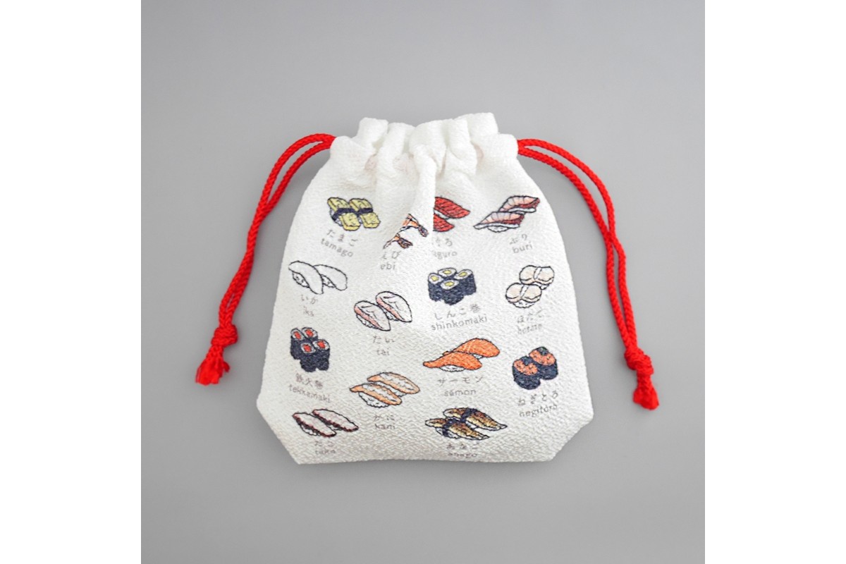 丹後ちりめん　にほんご巾着「sushi（寿司）」 サイズ：約13.5cm×17.5cm　DZ00029-01