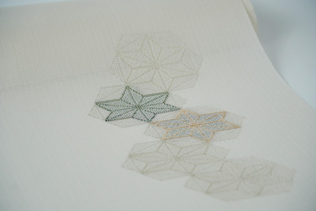 ＜丹後の藤布　遊絲舎＞八寸名古屋帯　「すかし麻の葉」（白）選べるお仕立て　FY00105