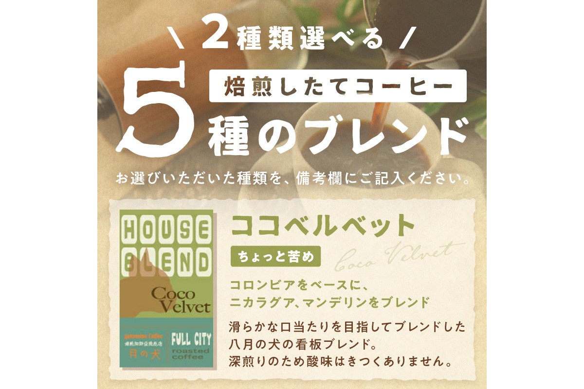 5種類から２つ選べる　 自家焙煎コーヒー豆　飲み比べセット　1000ｇ（500gx2種/約100杯分）挽き方が選べる　八月の犬　HA00023