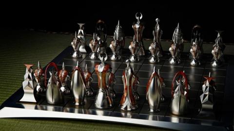 匠チェス（セット）チェスピース黒軍16体 チェスピース朱軍16体 チェスボード　HR00053