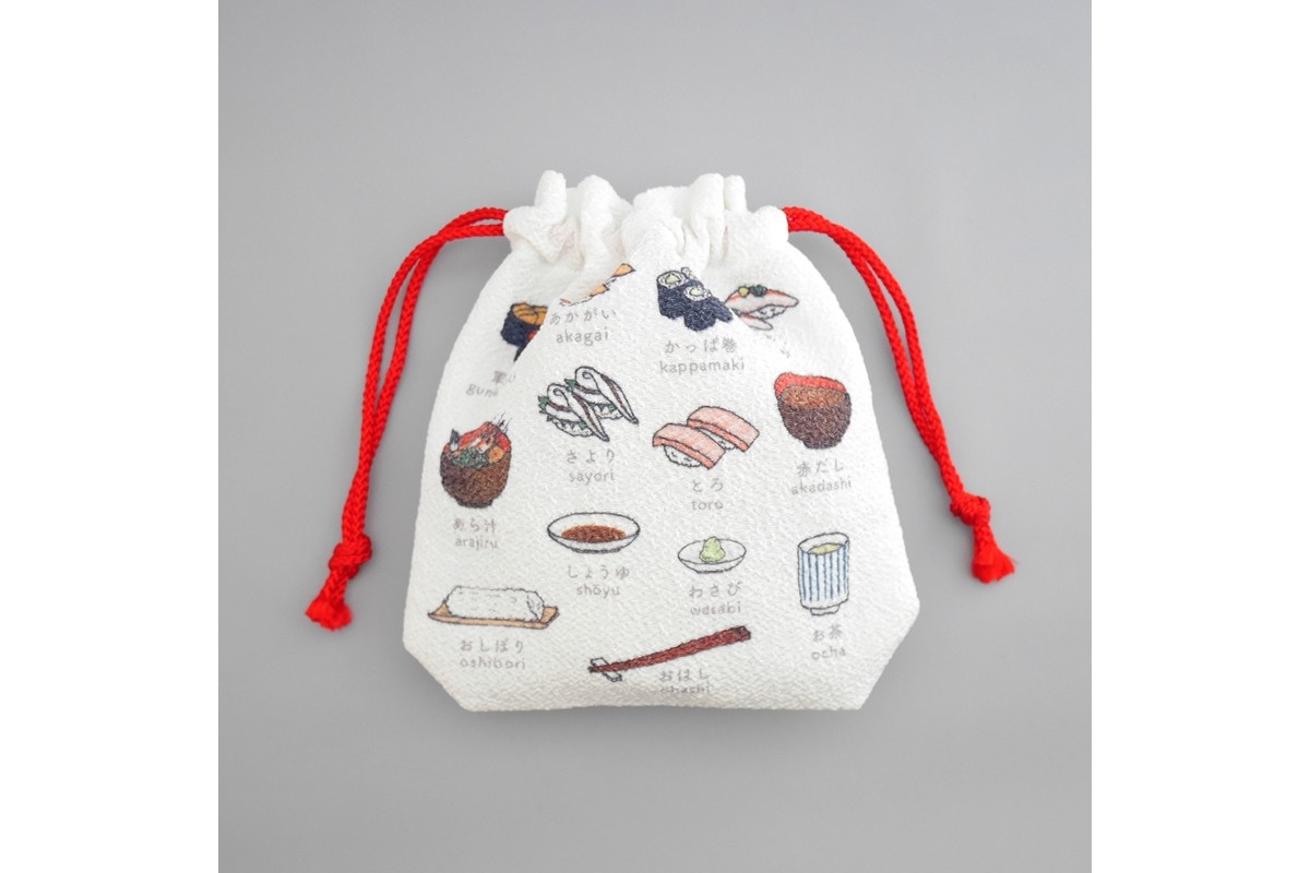 丹後ちりめん　にほんご巾着「sushi（寿司）」 サイズ：約13.5cm×17.5cm　DZ00029-01