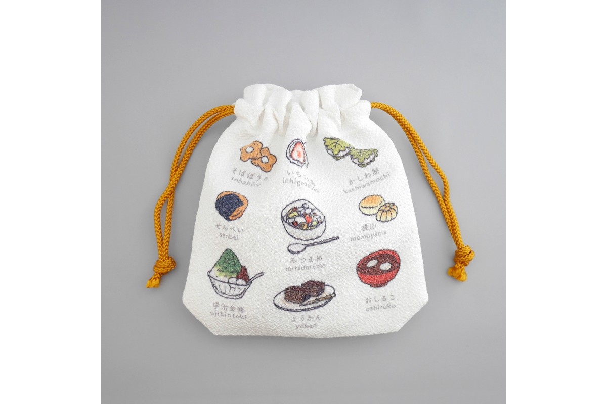 丹後ちりめん　にほんご巾着「wagashi（和菓子）」 サイズ：約13.5cm×17.5cm　DZ00029-04