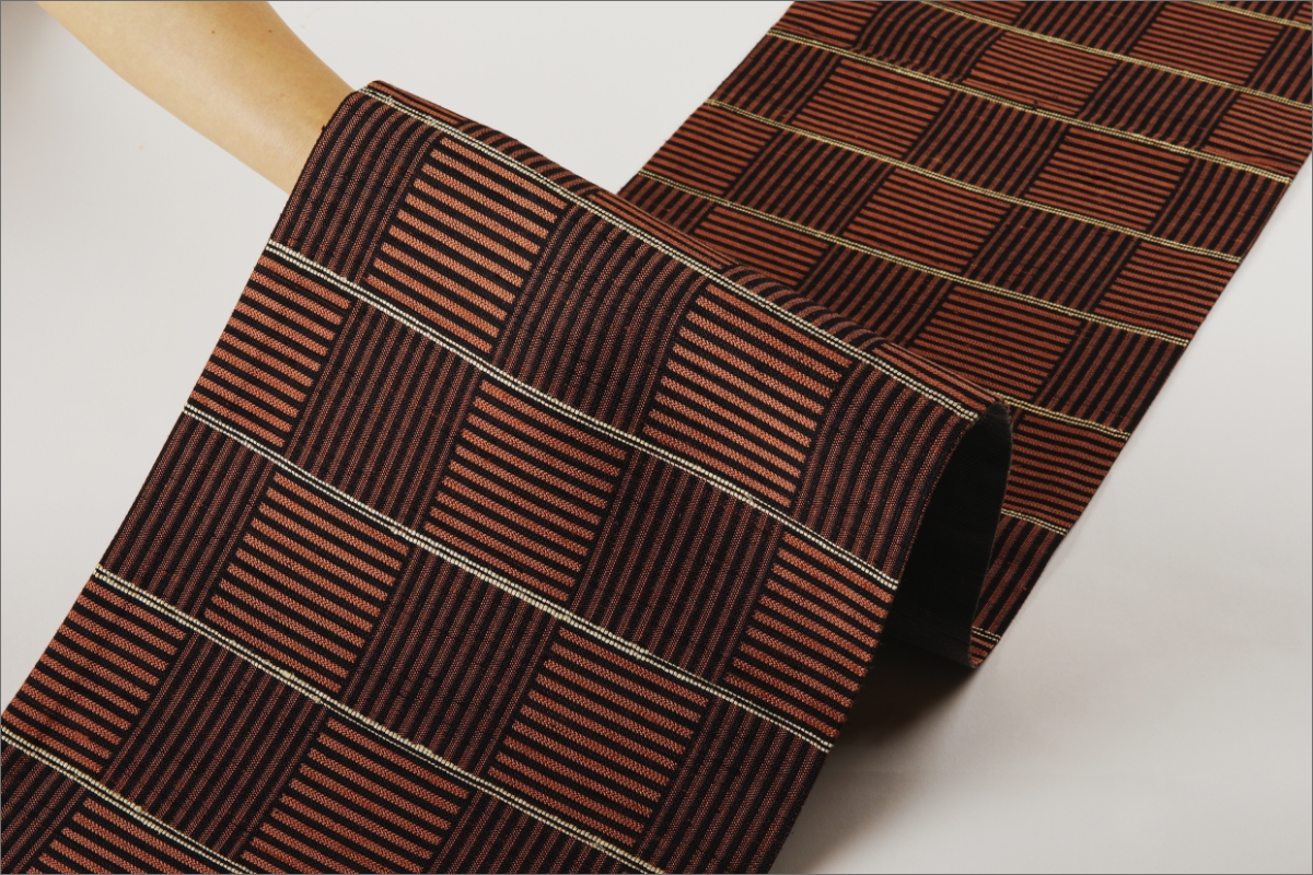 丹後の藤布　京袋帯「市松間藤文」　朱　FY00075