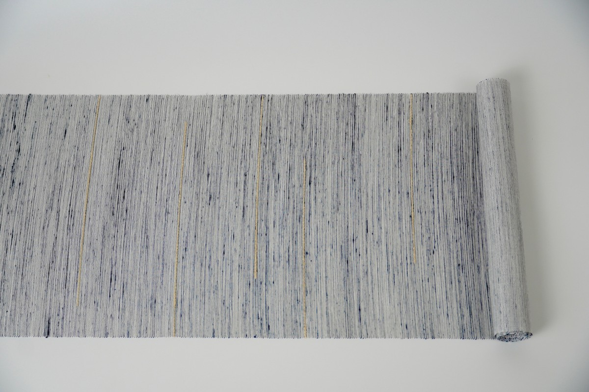 ＜丹後の藤布　遊絲舎＞八寸名古屋帯　「藤八本」（白地に紺絣）選べるお仕立て　FY00109