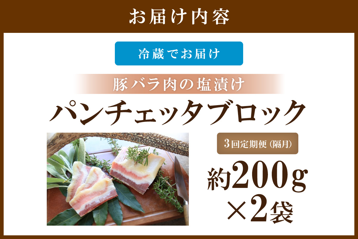 【定期便 隔月×3回】パンチェッタブロック（豚バラ肉の塩漬け）　約200g×2袋　NI00024