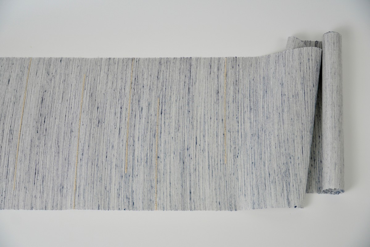 ＜丹後の藤布　遊絲舎＞八寸名古屋帯　「藤八本」（白地に紺絣）選べるお仕立て　FY00109