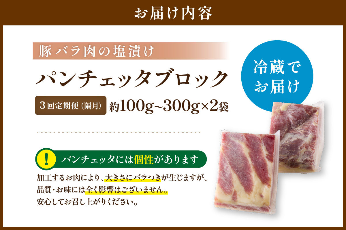 【定期便 隔月×3回】パンチェッタブロック（豚バラ肉の塩漬け）　約200g×2袋 ふるさと納税 豚肉 塩漬け ふるさと納税 ベーコン ふるさと納税 パンチェッタ 豚バラ 塩漬け スペイン料理　NI00024
