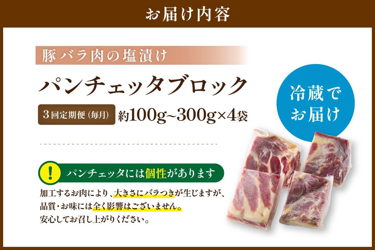 【定期便 毎月×3回】パンチェッタブロック（豚バラ肉の塩漬け）　約200g×4袋 ふるさと納税 豚肉 塩漬け ふるさと納税 ベーコン ふるさと納税 パンチェッタ 豚バラ 塩漬け スペイン料理　NI00025