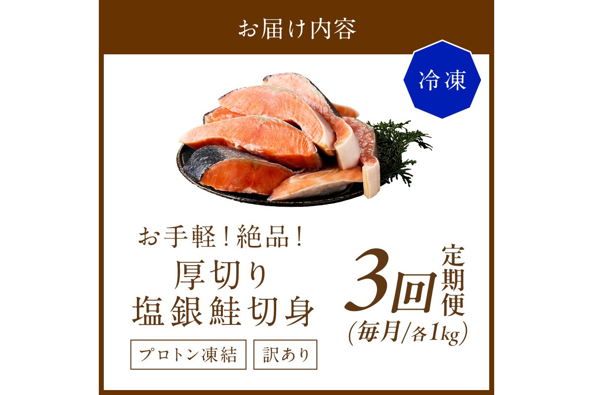 お手軽！絶品！厚切り　塩銀鮭切身 約1kg（プロトン凍結　訳あり　不揃い）　定期便　月1回×3ヵ月　YK00364