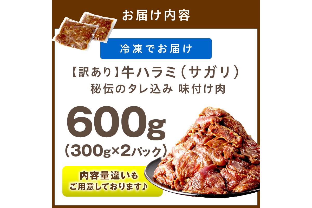 【訳あり】牛ハラミ（サガリ） 秘伝のタレ込み 味付け肉 600g（300g×2パック）（2026年1月上旬～発送）　YK00461