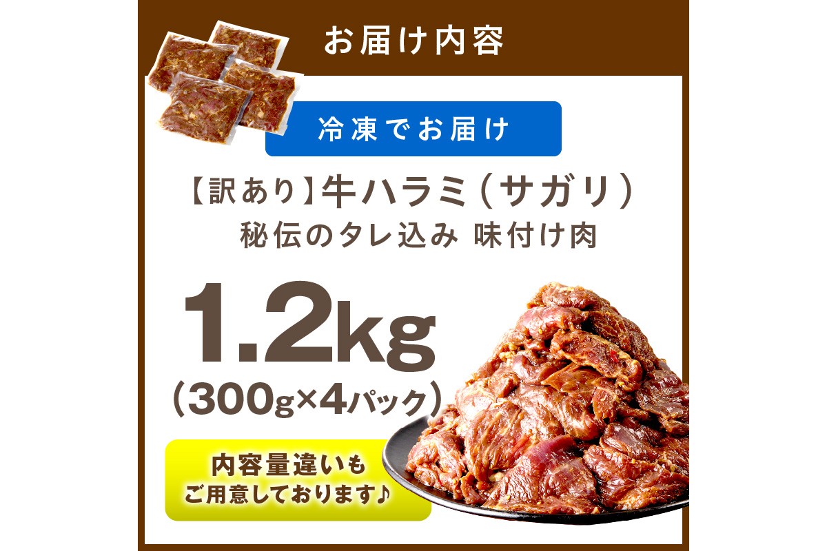 【訳あり】牛ハラミ（サガリ） 秘伝のタレ込み 味付け肉 1.2kg（300g×4パック）（2026年1月上旬～発送）　YK00462