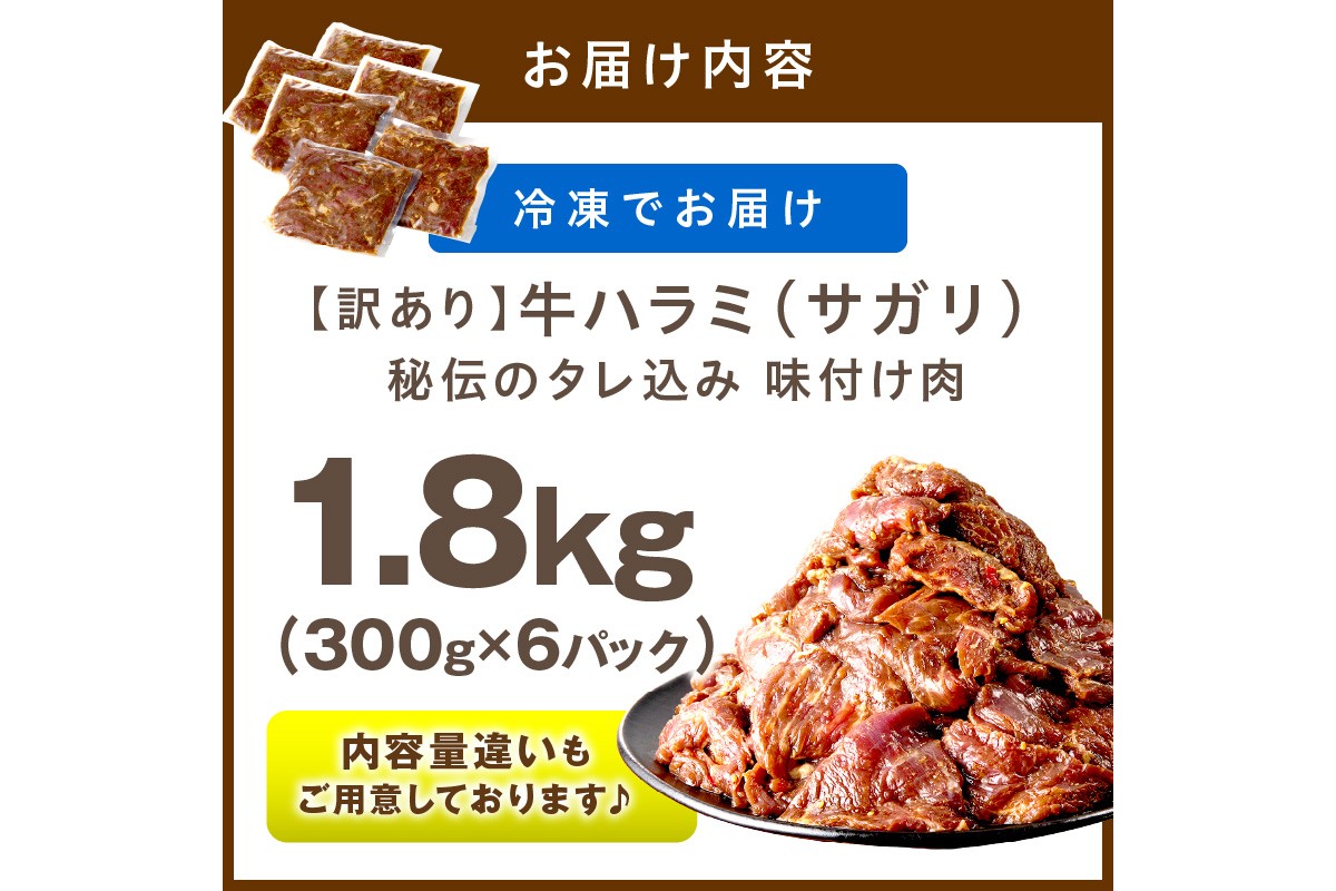 【訳あり】牛ハラミ（サガリ） 秘伝のタレ込み 味付け肉 1.8kg（300g×6パック）（2026年1月上旬～発送）　YK00463