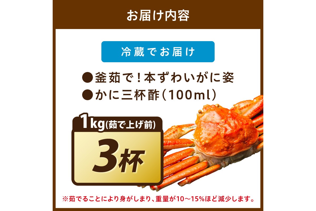 【大好評！カニ酢付き】訳あり！釜茹で！特大本ずわいがに姿 1kg×3杯　YK00486