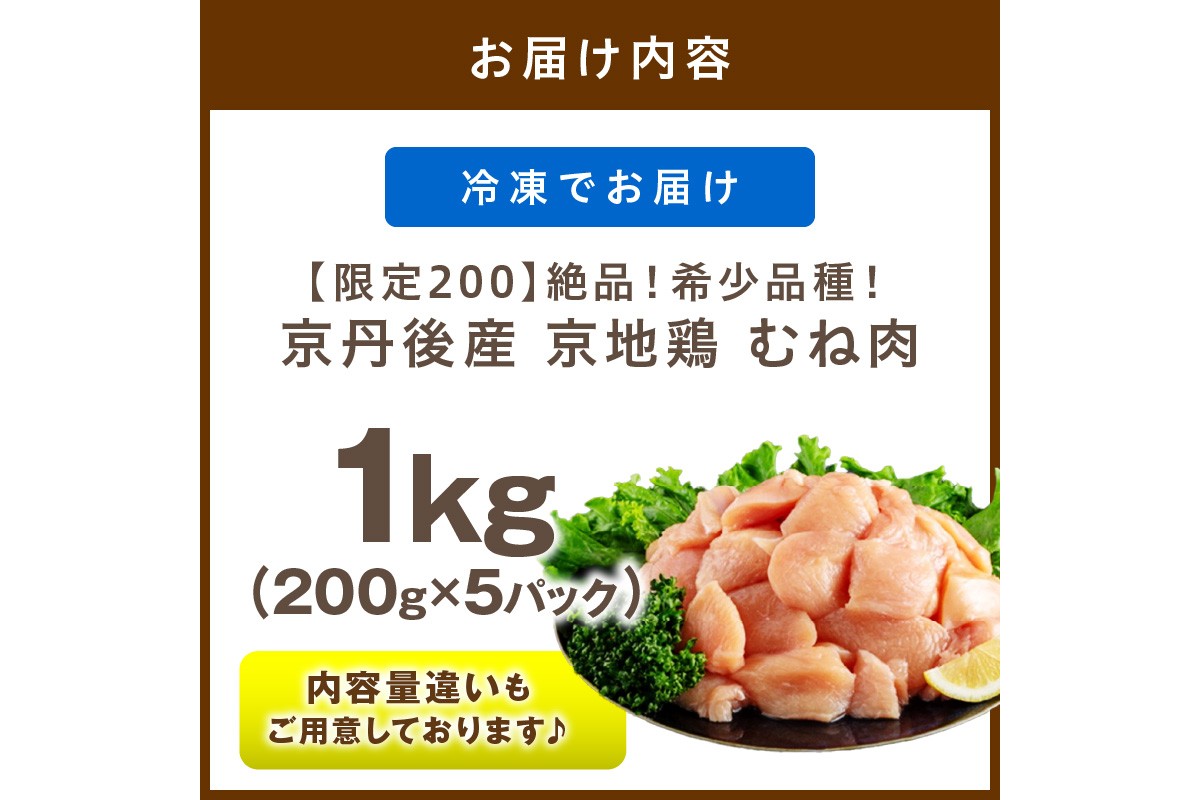 【限定200】絶品！希少品種！京丹後産 京地鶏 むね肉1kg　YK00524