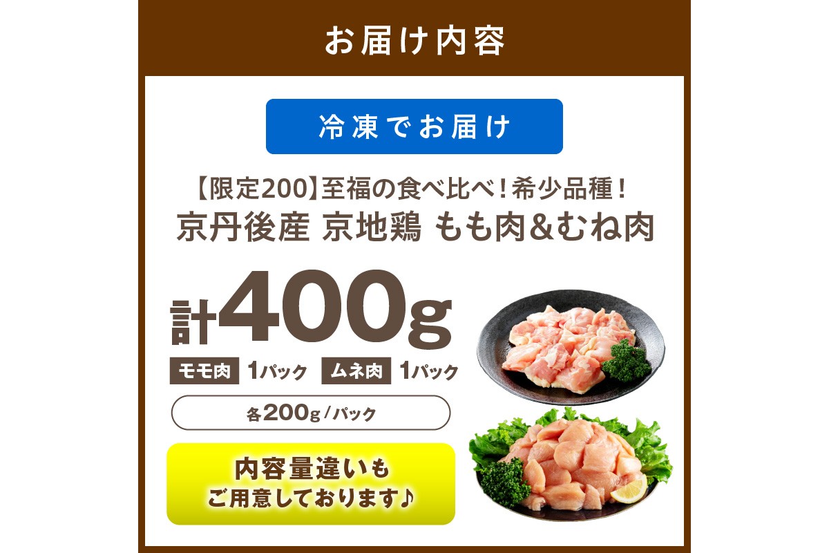 【限定200】至福の食べ比べ！希少品種！京丹後産 京地鶏 もも肉＆むね肉 計400g　YK00525