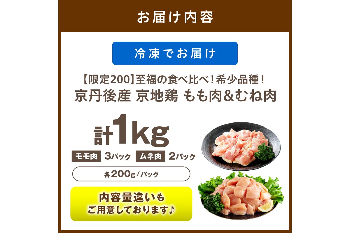 【限定200】至福の食べ比べ！希少品種！京丹後産 京地鶏 もも肉＆むね肉 計1kg　YK00528