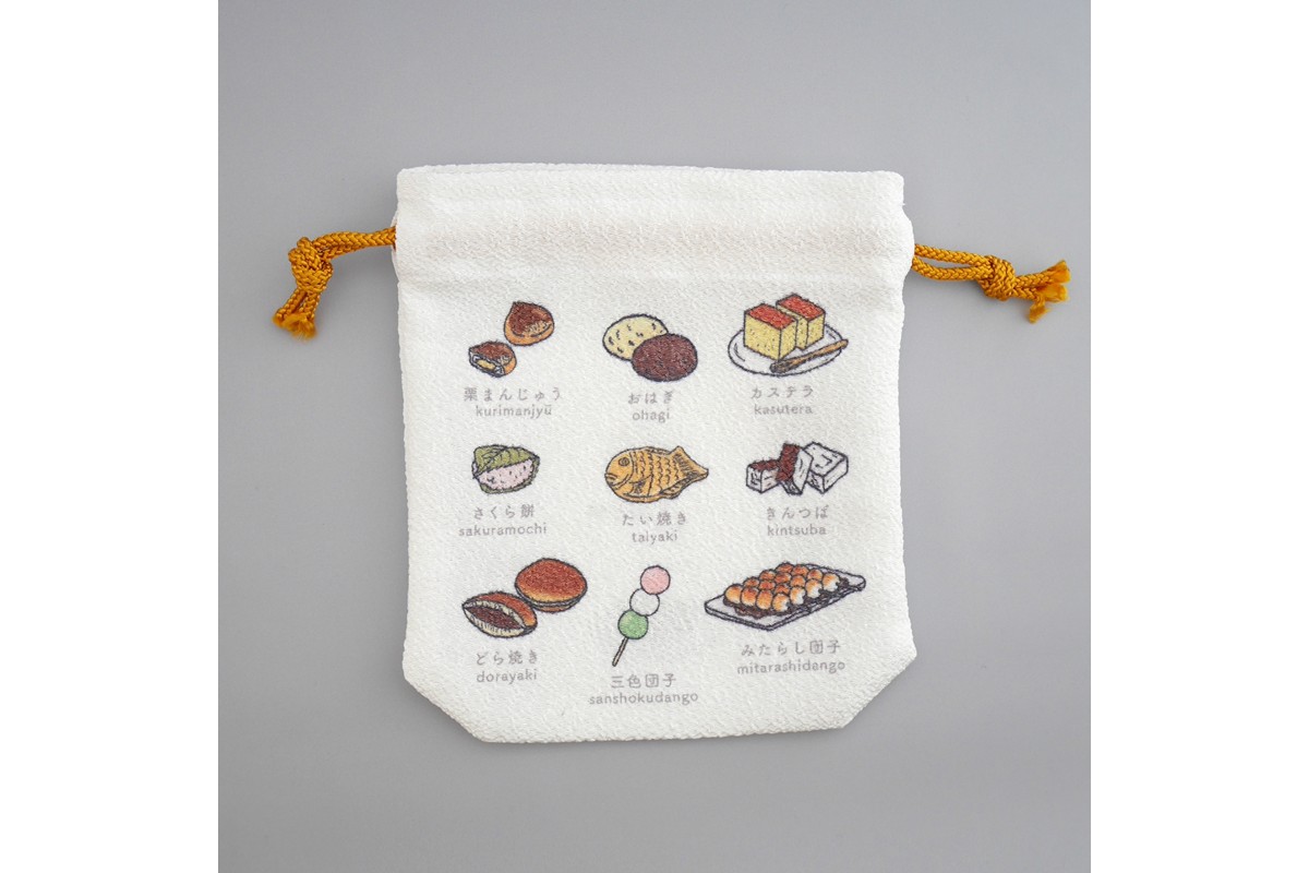 丹後ちりめん　にほんご巾着「wagashi（和菓子）」 サイズ：約13.5cm×17.5cm　DZ00029-04