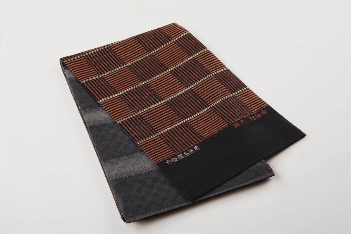 丹後の藤布　京袋帯「市松間藤文」　朱　FY00075